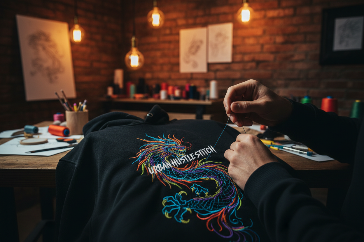 Custom embroidery work on a premium hoodie in an urban workshop setting